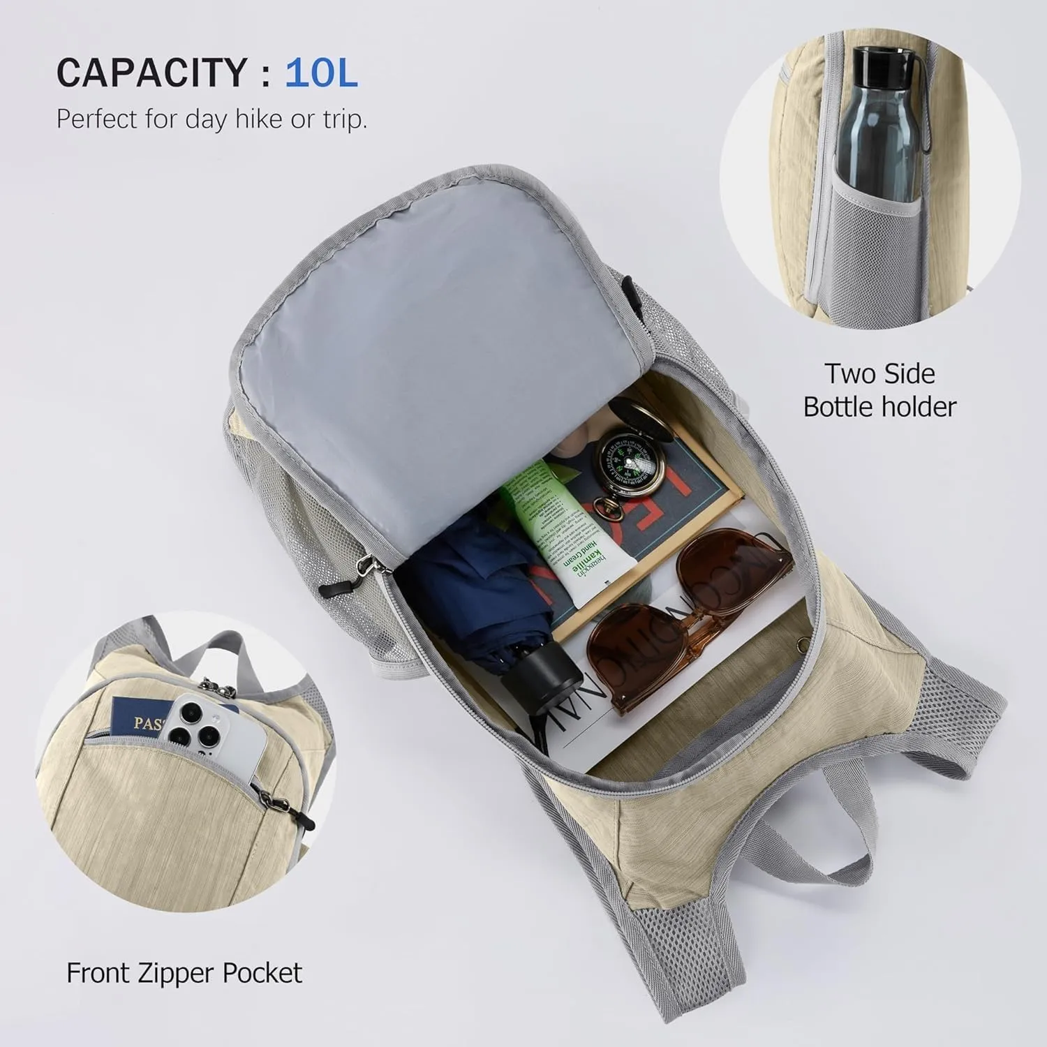10L Small Hiking Backpack Foldable Lightweight Travel Daypack Packable Hiking Camping Gym Pack for Women Men Daily Use (Beige)