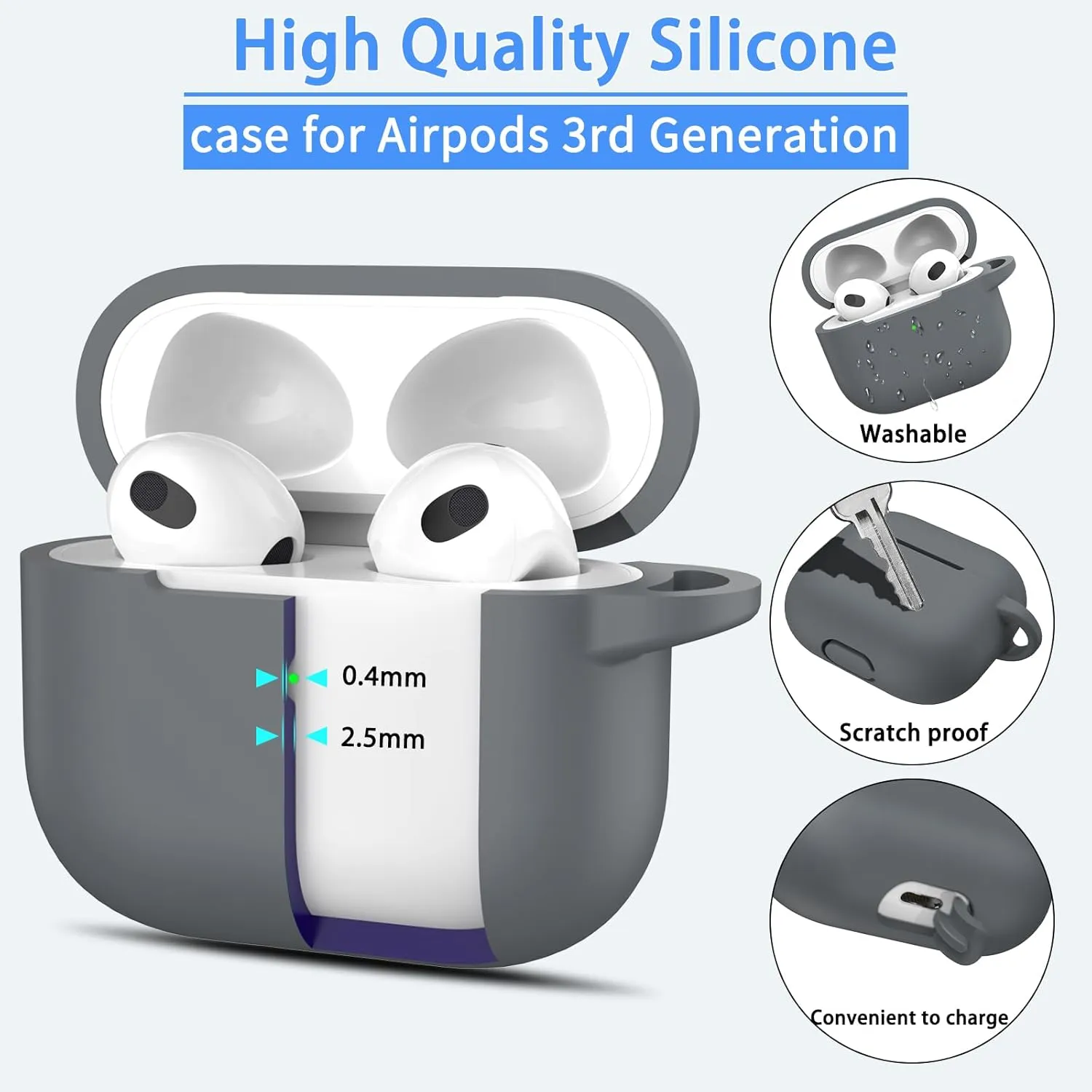 AirPods 3 Case Cover, Soft Silicone Protective Case Skin for Airpods 3rd Generation 2021 Charging Case with KeychainFront LED Visible-Pebble