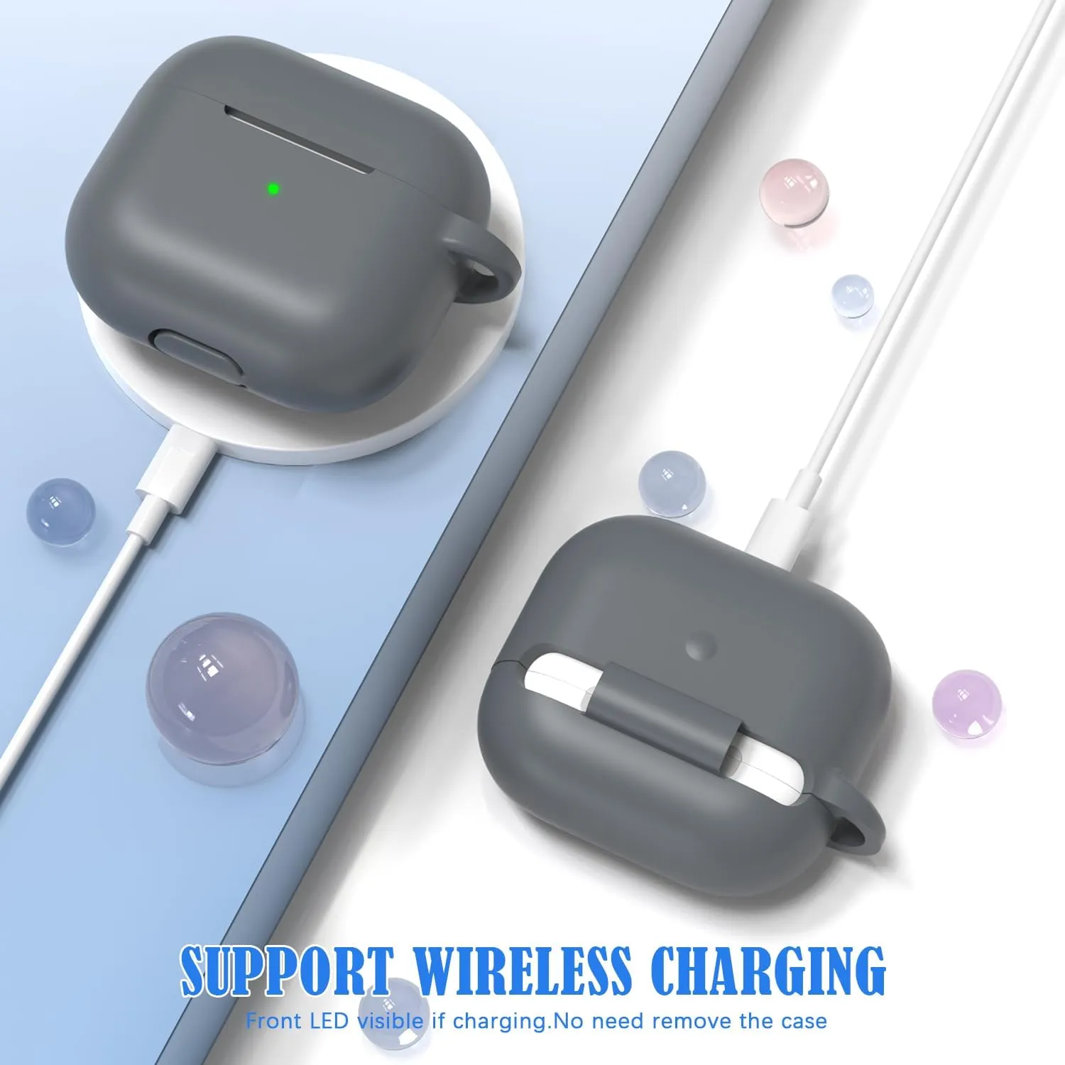 AirPods 3 Case Cover, Soft Silicone Protective Case Skin for Airpods 3rd Generation 2021 Charging Case with KeychainFront LED Visible-Pebble