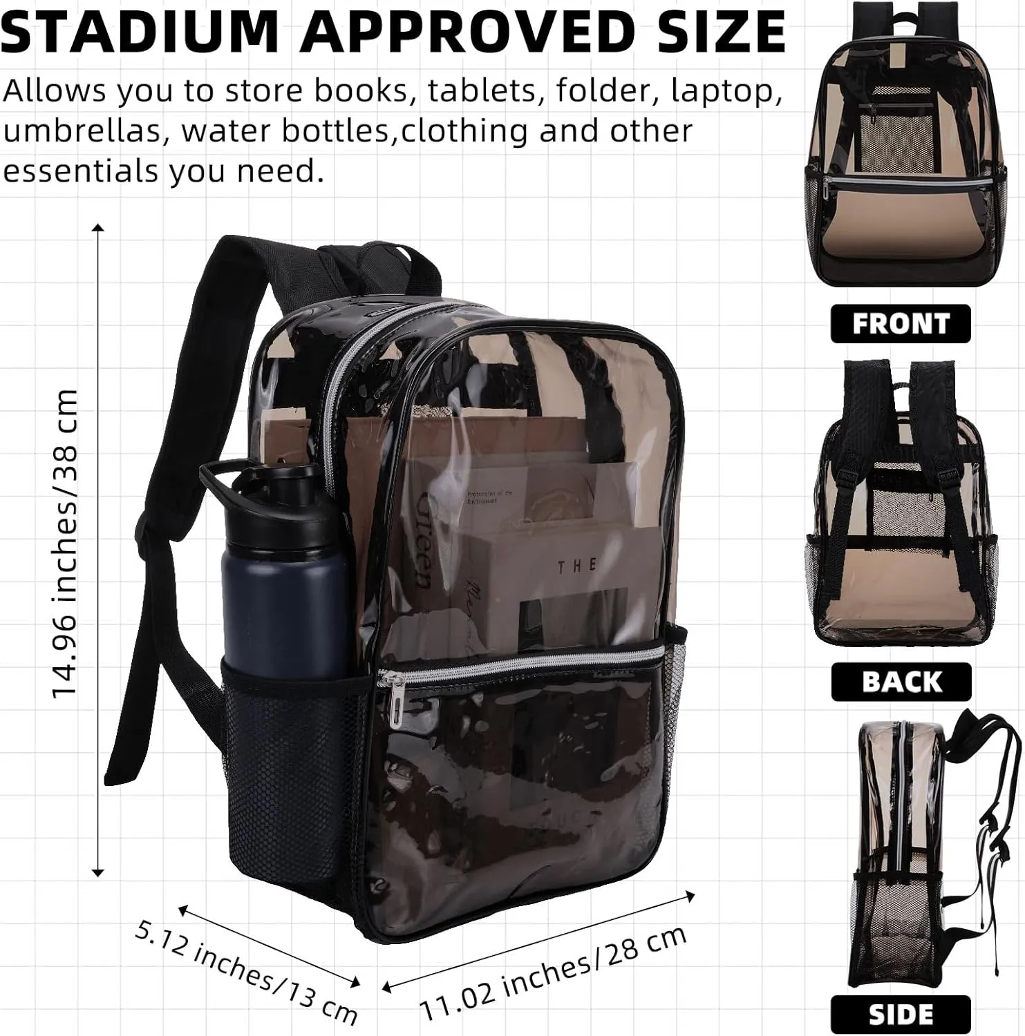 Amylove 48 Pcs Heavy Duty Clear Black Backpacks Bulk 15" PVC Transparent Backpack Large Clear Bookbags for Sports Work (Black)