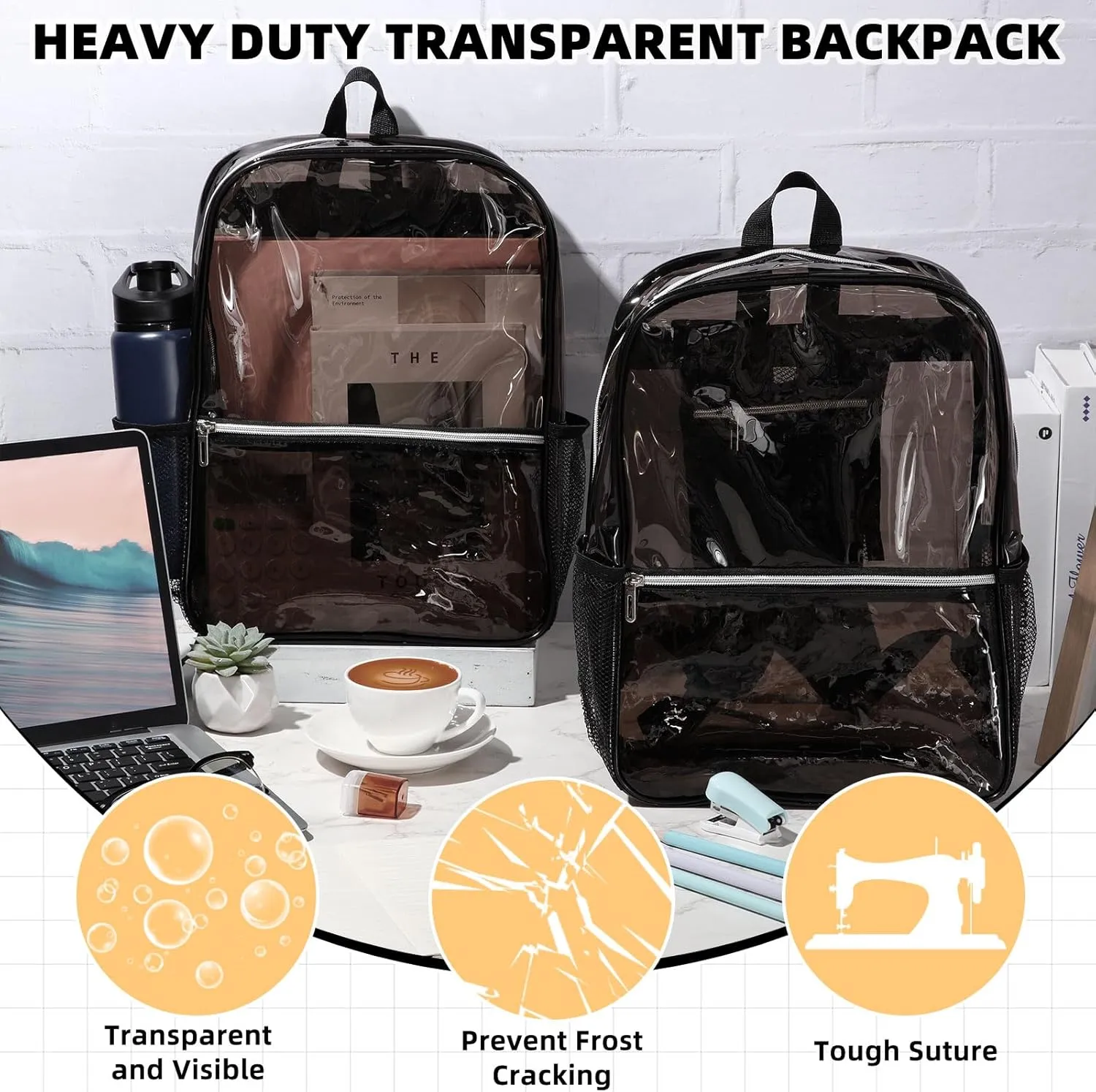 Amylove 48 Pcs Heavy Duty Clear Black Backpacks Bulk 15" PVC Transparent Backpack Large Clear Bookbags for Sports Work (Black)