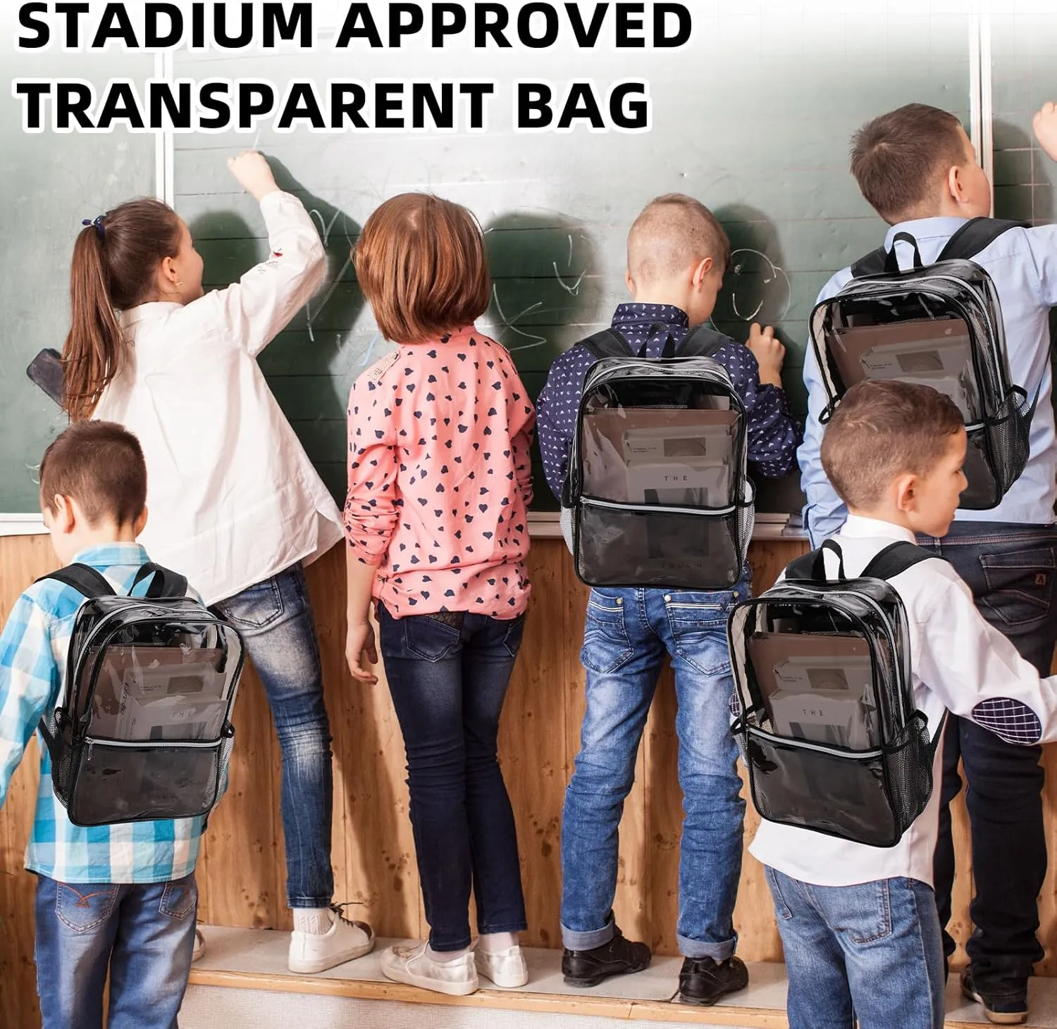 Amylove 48 Pcs Heavy Duty Clear Black Backpacks Bulk 15" PVC Transparent Backpack Large Clear Bookbags for Sports Work (Black)