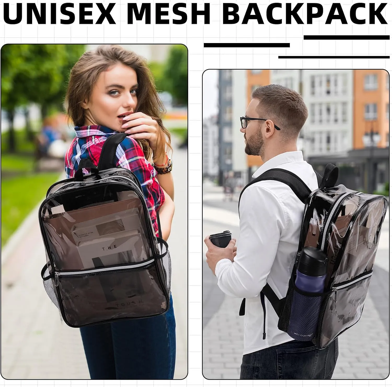 Amylove 48 Pcs Heavy Duty Clear Black Backpacks Bulk 15" PVC Transparent Backpack Large Clear Bookbags for Sports Work (Black)