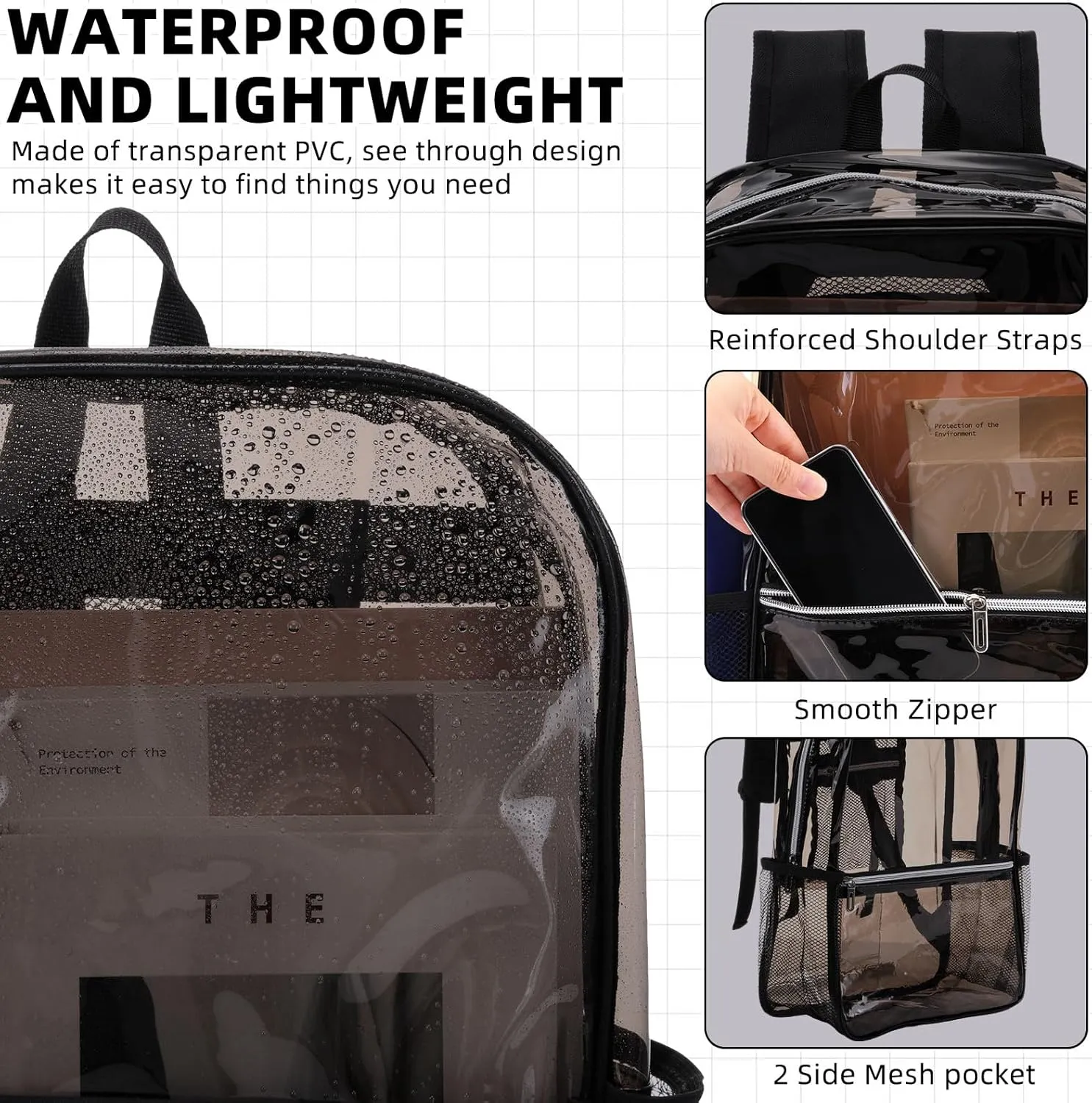 Amylove 48 Pcs Heavy Duty Clear Black Backpacks Bulk 15" PVC Transparent Backpack Large Clear Bookbags for Sports Work (Black)