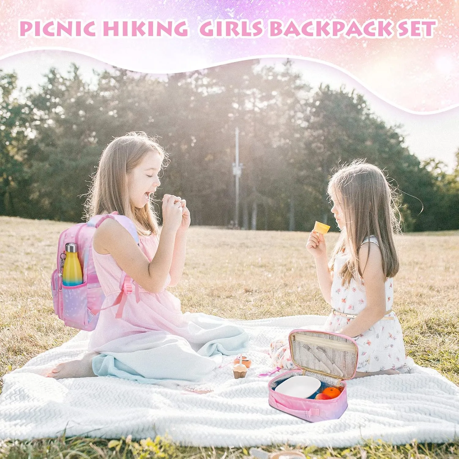 Backpacks for Girls, Kids Backpack School Bookbags with Insulated Lunch Box for School Elementary Girl, School Bag with Laptop Compartments Galaxy Pink