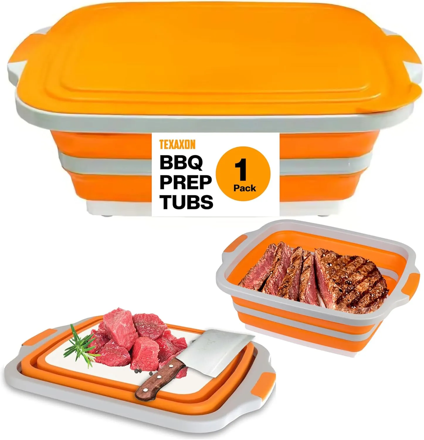 BBQ Prep Tub with Cutting Board & Lid  Grilling Accessories, Portable Sink, Collapsible Bucket for BBQ, Picnic, Camping, Meat Prep - 16L- Orange