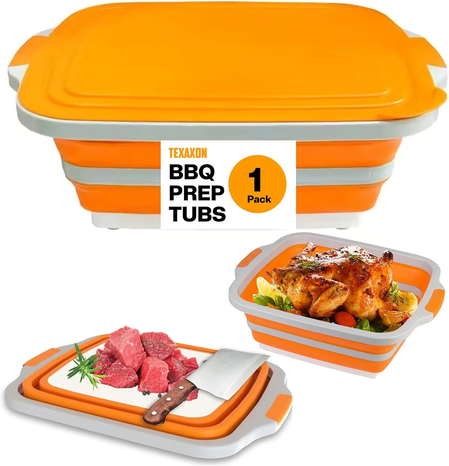 BBQ Prep Tub with Cutting Board & Lid  Grilling Accessories, Portable Sink, Collapsible Bucket for BBQ, Picnic, Camping, Meat Prep - 16L- Orange