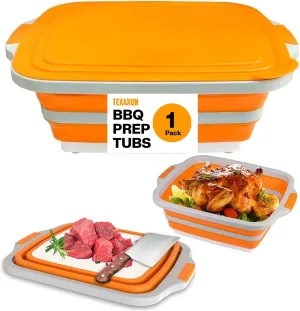 BBQ Prep Tub with Cutting Board & Lid  Grilling Accessories, Portable Sink, Collapsible Bucket for BBQ, Picnic, Camping, Meat Prep - 16L- Orange