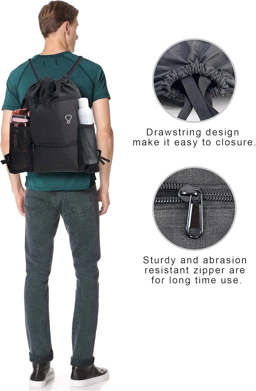 BeeGreen Drawstring Backpack Sports Gym Bag With Shoe Compartment and Two Water Bottle Holder 