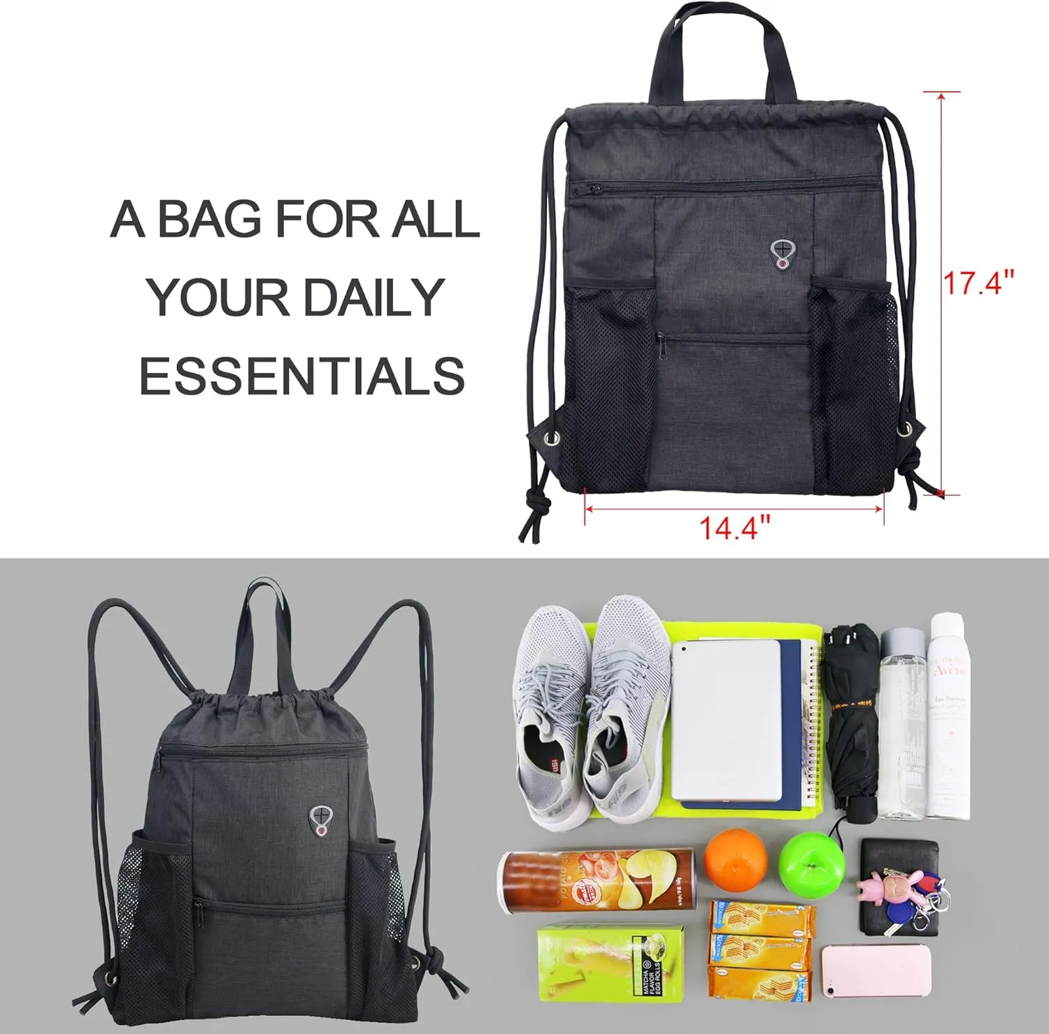 BeeGreen Drawstring Backpack Sports Gym Bag With Shoe Compartment and Two Water Bottle Holder 