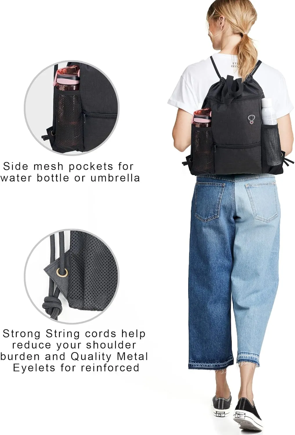 BeeGreen Drawstring Backpack Sports Gym Bag With Shoe Compartment and Two Water Bottle Holder 