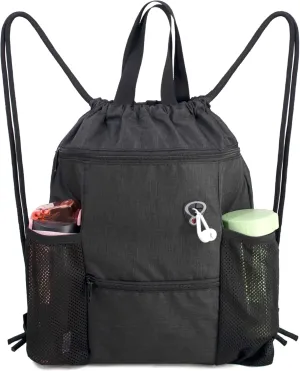 BeeGreen Drawstring Backpack Sports Gym Bag With Shoe Compartment and Two Water Bottle Holder 