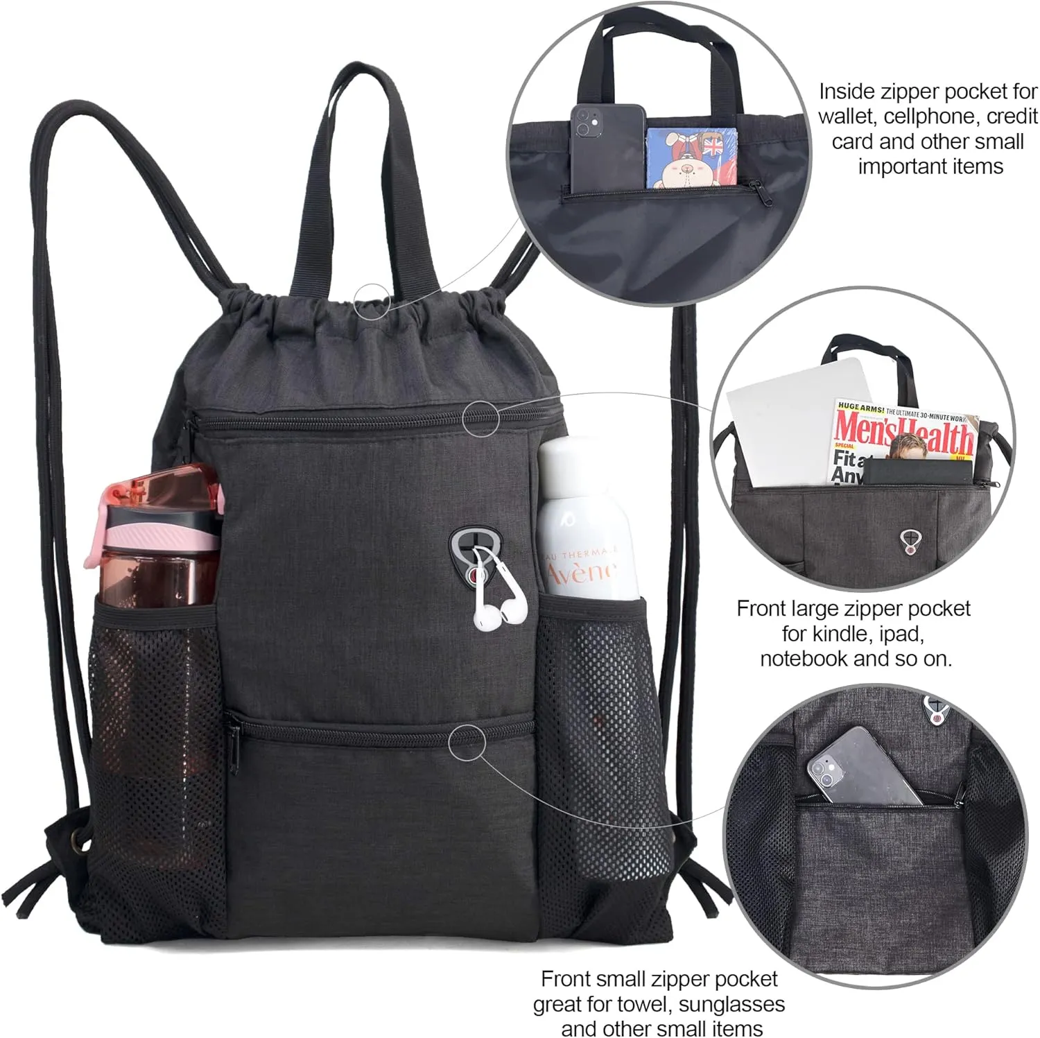 BeeGreen Drawstring Backpack Sports Gym Bag With Shoe Compartment and Two Water Bottle Holder 