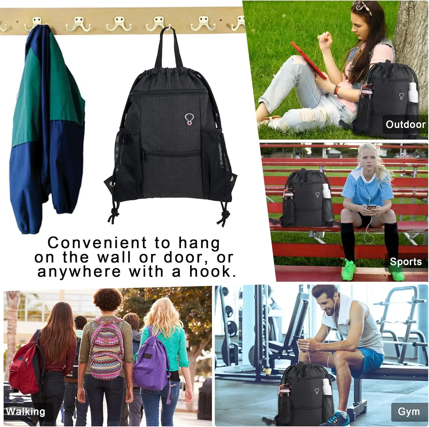 BeeGreen Drawstring Backpack Sports Gym Bag With Shoe Compartment and Two Water Bottle Holder 