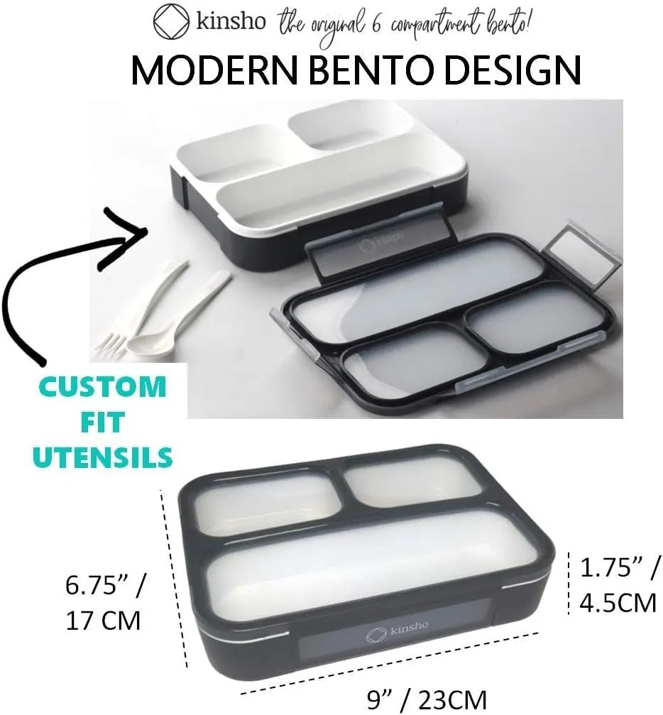 Bento Lunch Box For Adults, Kids | Leakproof Meal Prep Portion Control Boxes Japanese Style for Boys Teens 3 Compartment Slim Container For Work, School | Eco-friendly Divided Containers, Grey - Black