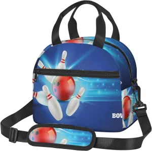 Bowling Party Print,Insulated Lunch Bag for Women/Men,Bowling Red Ball Image,Reusable Leakproof Cooler Tote Bag Organizer with Adjustable Shoulder Strap for Adult,Red Blue