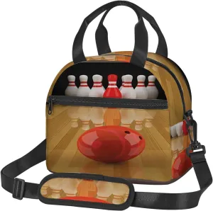 Bowling Winning,Insulated Reusable Lunch Bag with Adjustable Shoulder Strap for Adults,Red Bowling Party,Leakproof Office Picnic Hiking Beach Tote Bag,Brown Red White,9x5x7.8in