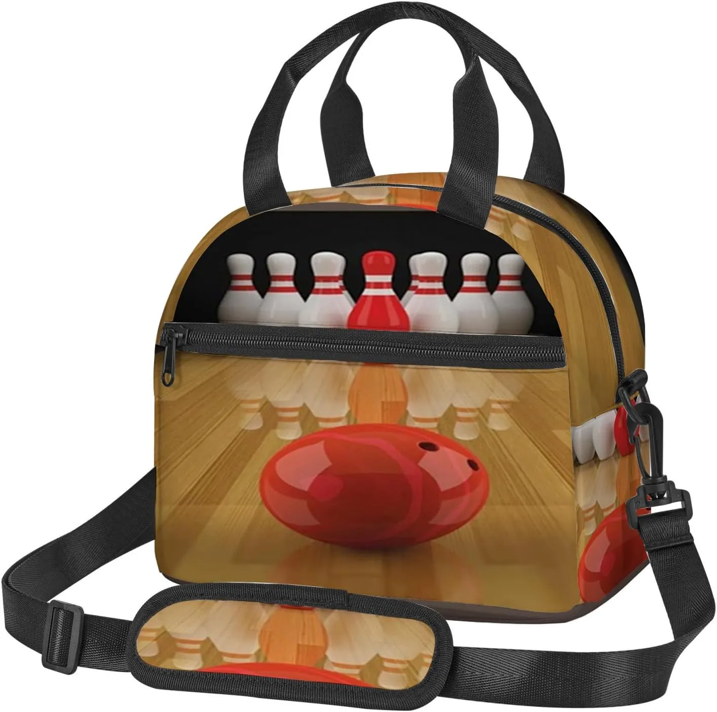 Bowling Winning,Insulated Reusable Lunch Bag with Adjustable Shoulder Strap for Adults,Red Bowling Party,Leakproof Office Picnic Hiking Beach Tote Bag,Brown Red White,9x5x7.8in
