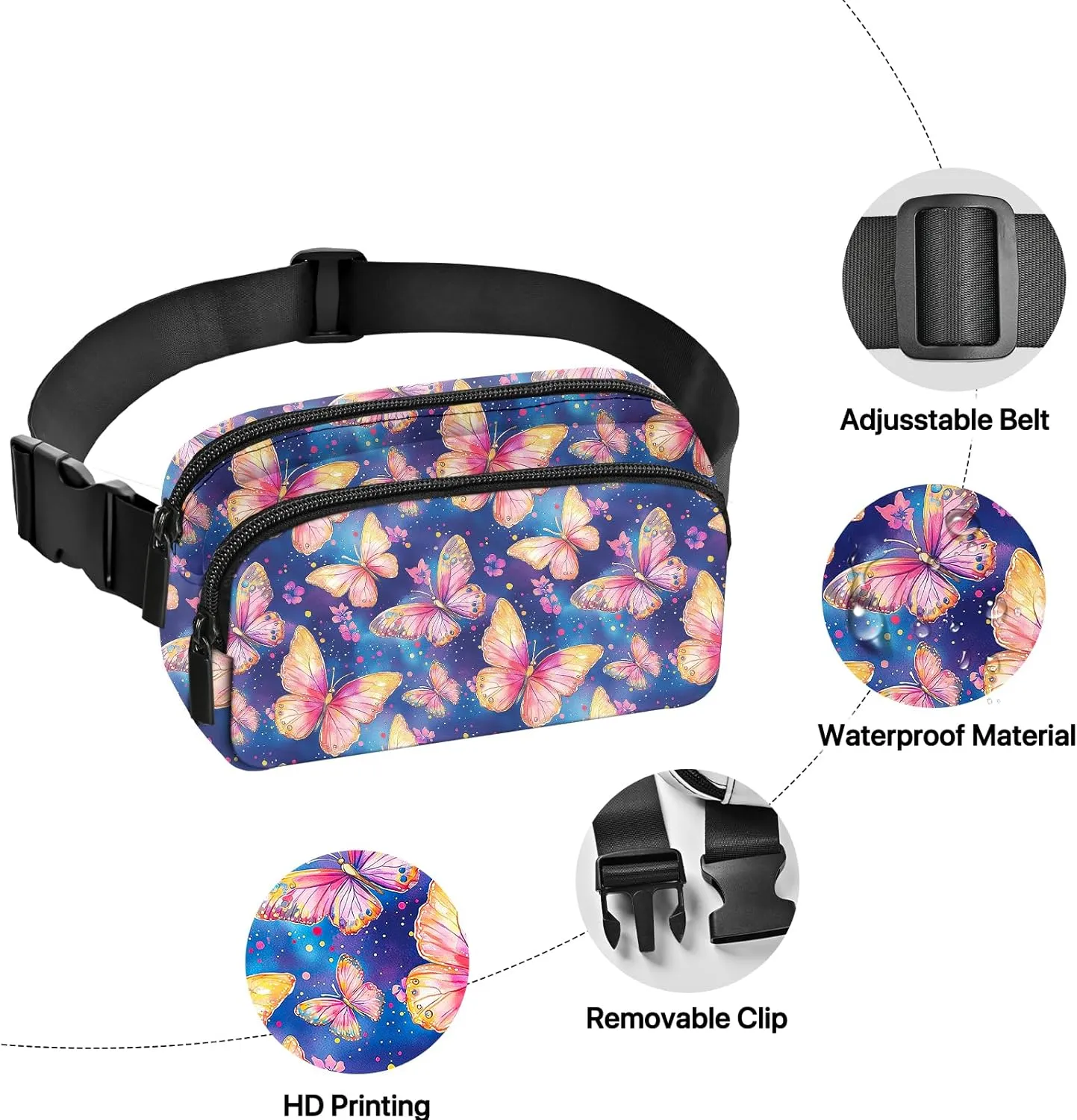 Butterfly Fanny Pack for Women Belt Bag Fashion Waist Pouch with Adjustable Strap for Sports Running Traveling Hiking Camping Cycling