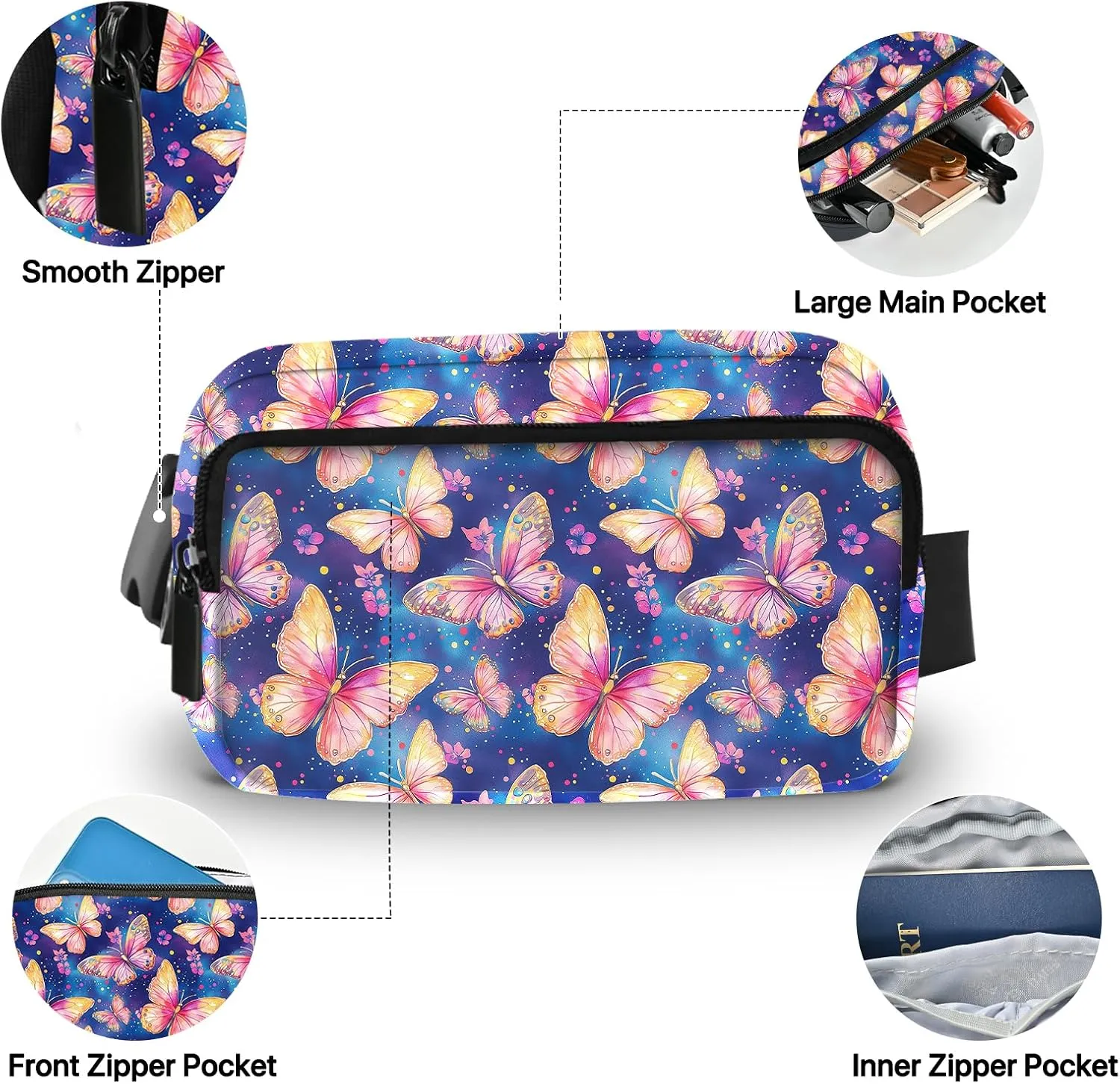 Butterfly Fanny Pack for Women Belt Bag Fashion Waist Pouch with Adjustable Strap for Sports Running Traveling Hiking Camping Cycling