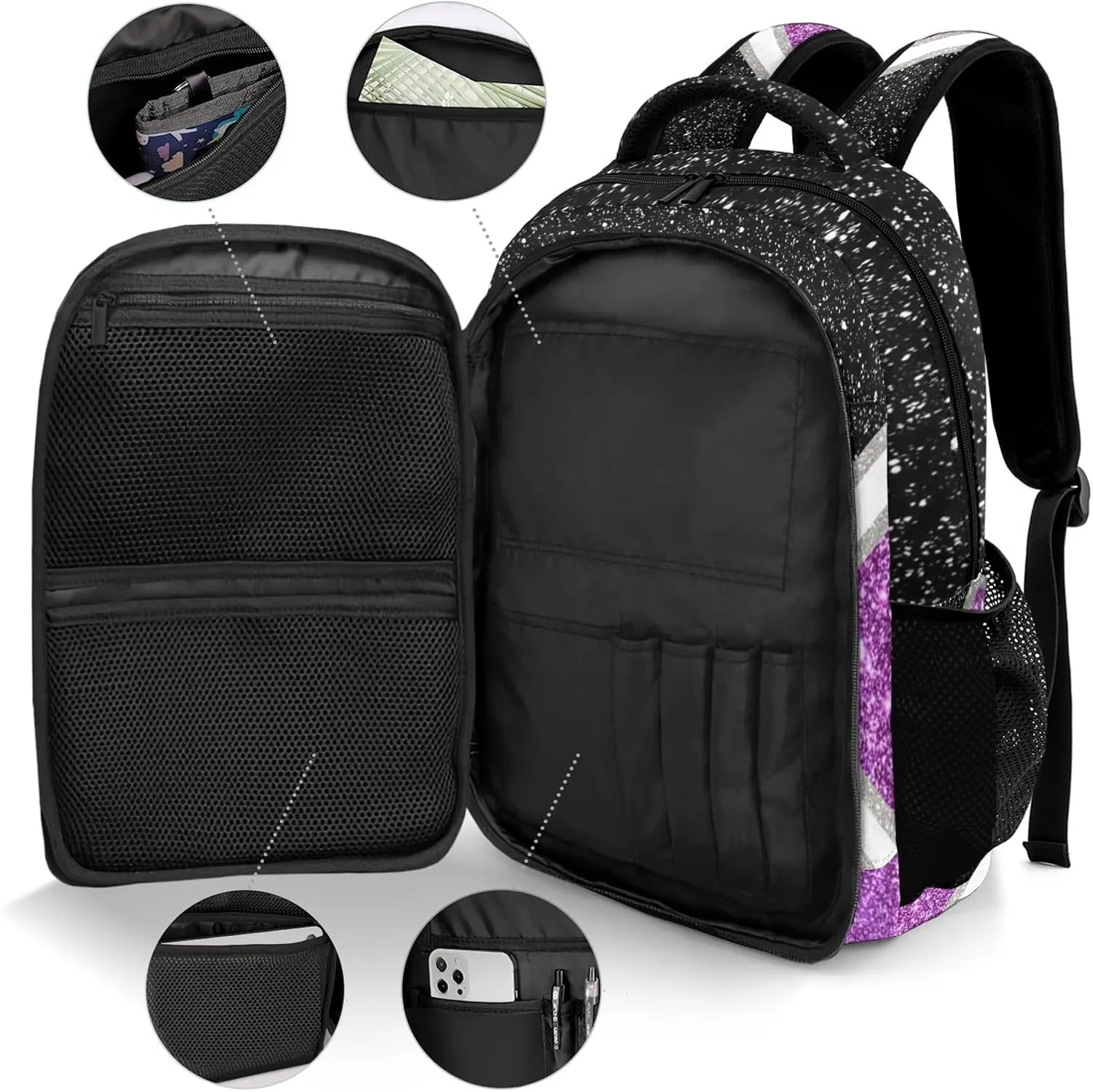 Cheer Cheerleader Black Purple Backpack Waterproof Casual Shcool Shoulder Laptop Bag Day Pack with Name Gift