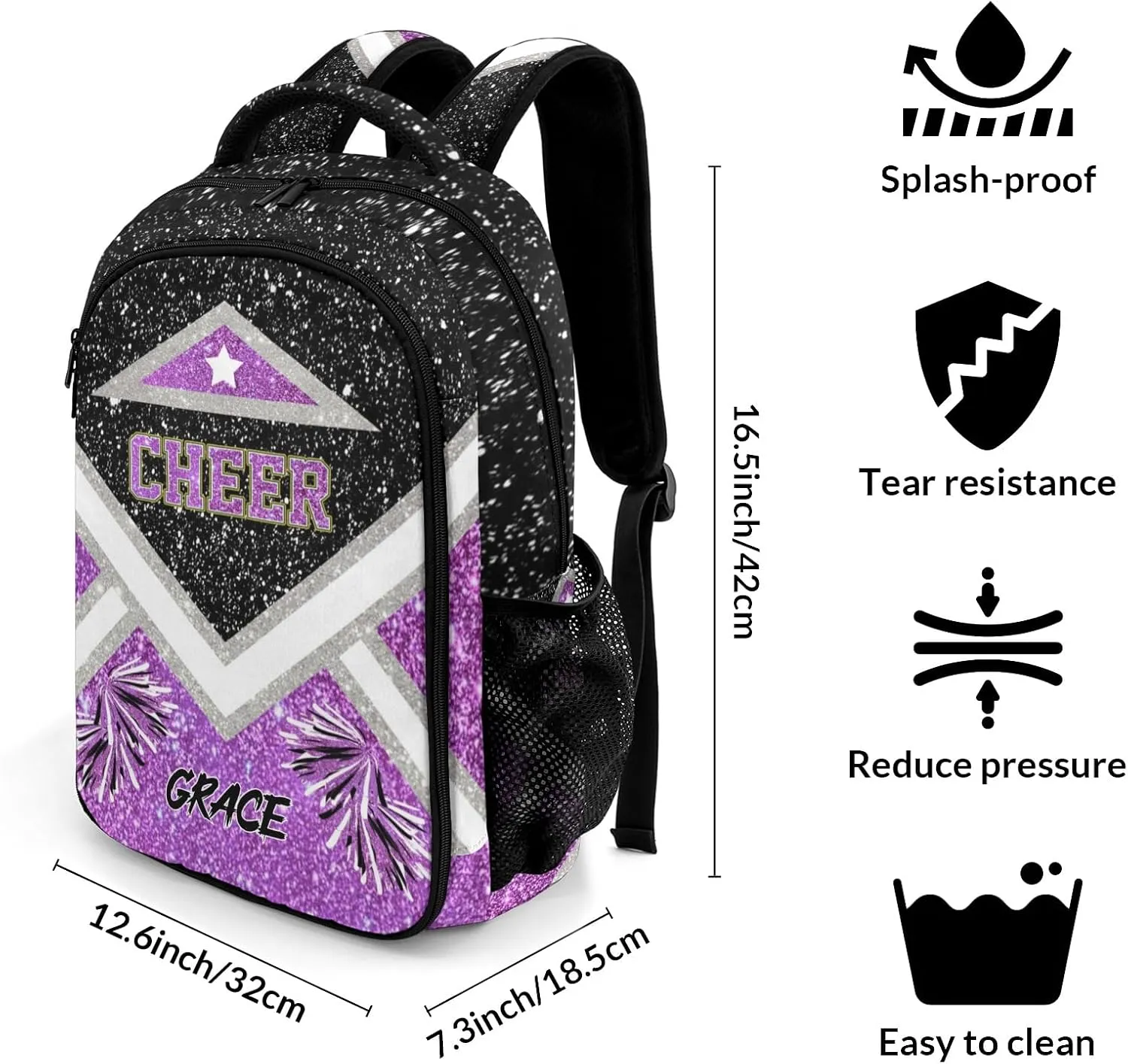 Cheer Cheerleader Black Purple Backpack Waterproof Casual Shcool Shoulder Laptop Bag Day Pack with Name Gift