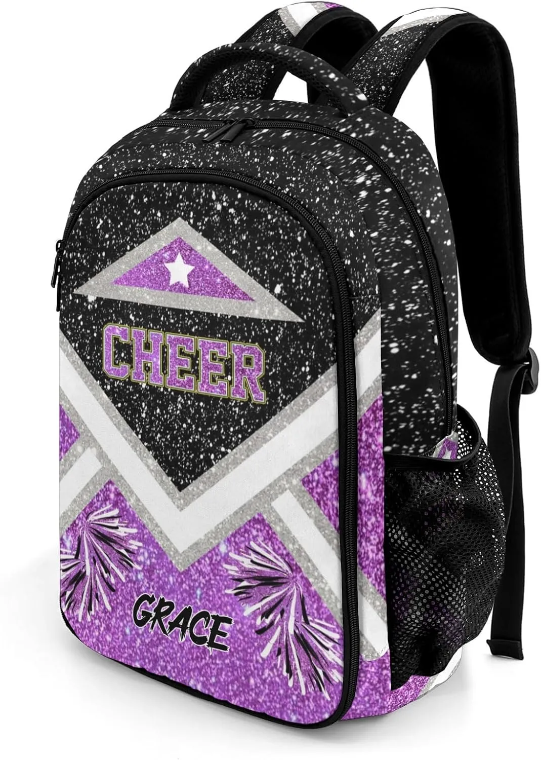 Cheer Cheerleader Black Purple Backpack Waterproof Casual Shcool Shoulder Laptop Bag Day Pack with Name Gift