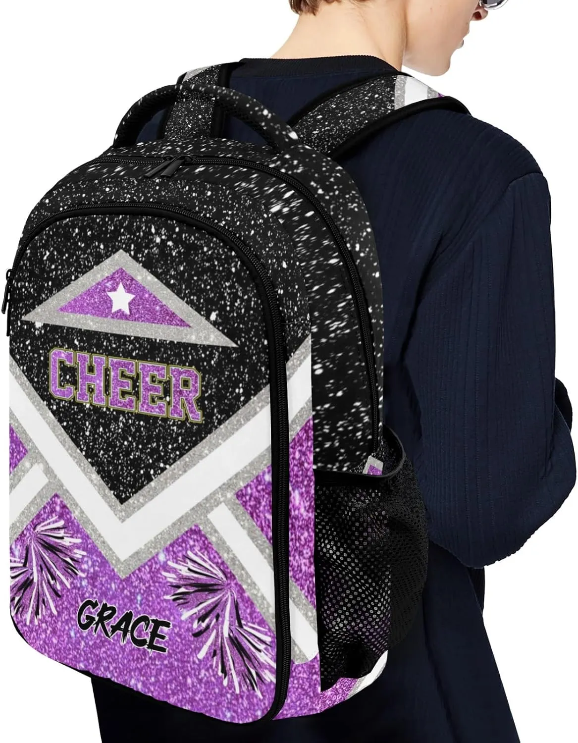 Cheer Cheerleader Black Purple Backpack Waterproof Casual Shcool Shoulder Laptop Bag Day Pack with Name Gift