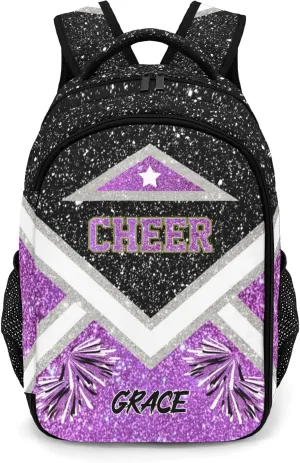 Cheer Cheerleader Black Purple Backpack Waterproof Casual Shcool Shoulder Laptop Bag Day Pack with Name Gift