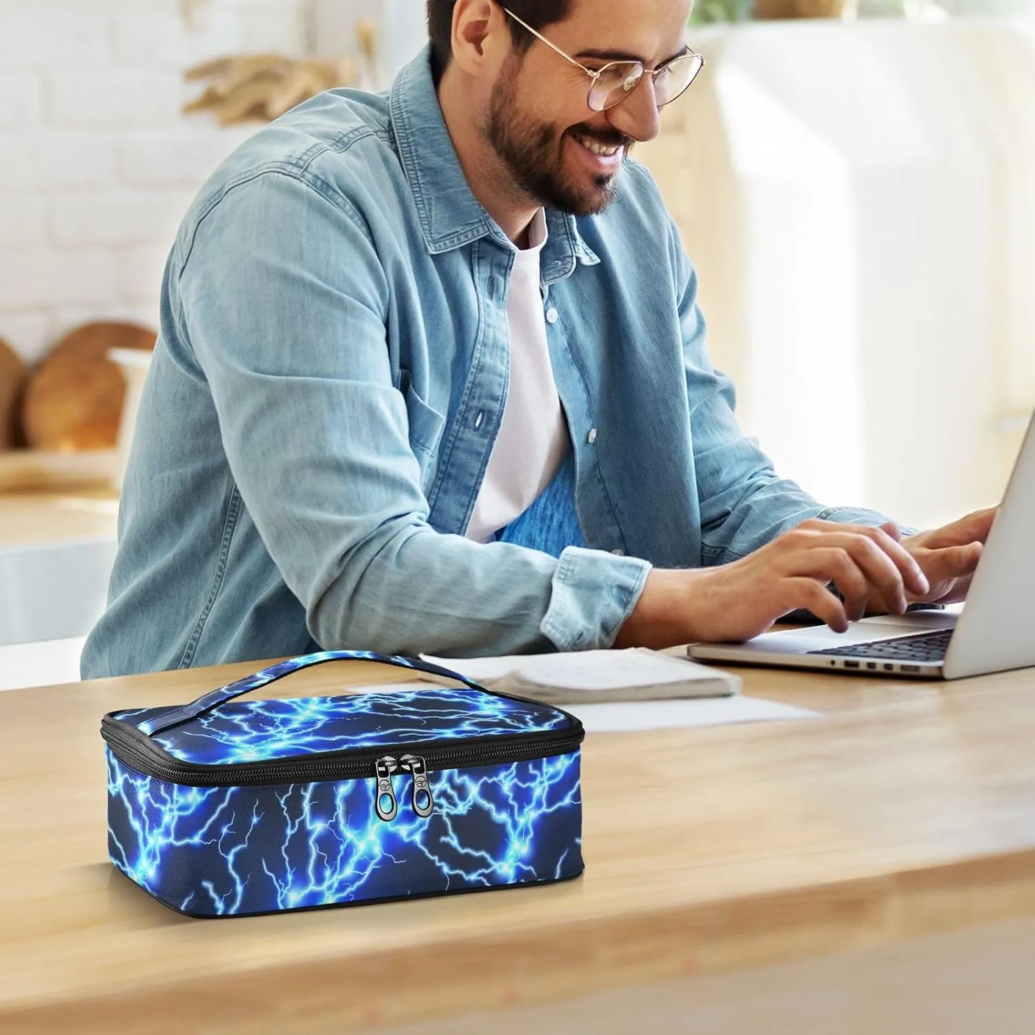 Cool Blue Lightning Small Lunch Bag for Man Women, Mini Lunchbox Insulated Lunch Box Kids Tote Lunch Bag Adult Lunch Bag Food Containers Portable Cooler Bags Reusable Snack Bag