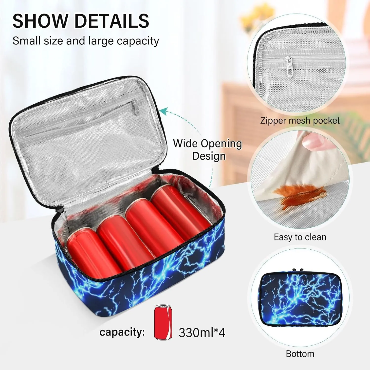 Cool Blue Lightning Small Lunch Bag for Man Women, Mini Lunchbox Insulated Lunch Box Kids Tote Lunch Bag Adult Lunch Bag Food Containers Portable Cooler Bags Reusable Snack Bag