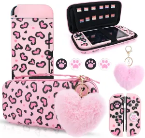 DLseego Pink Love Leopard Carrying Case for Switch - Cute Silicone Protective Case with 4PCS Thumb Grip Caps and Pink Plush Heart Pendant Accessories Kit