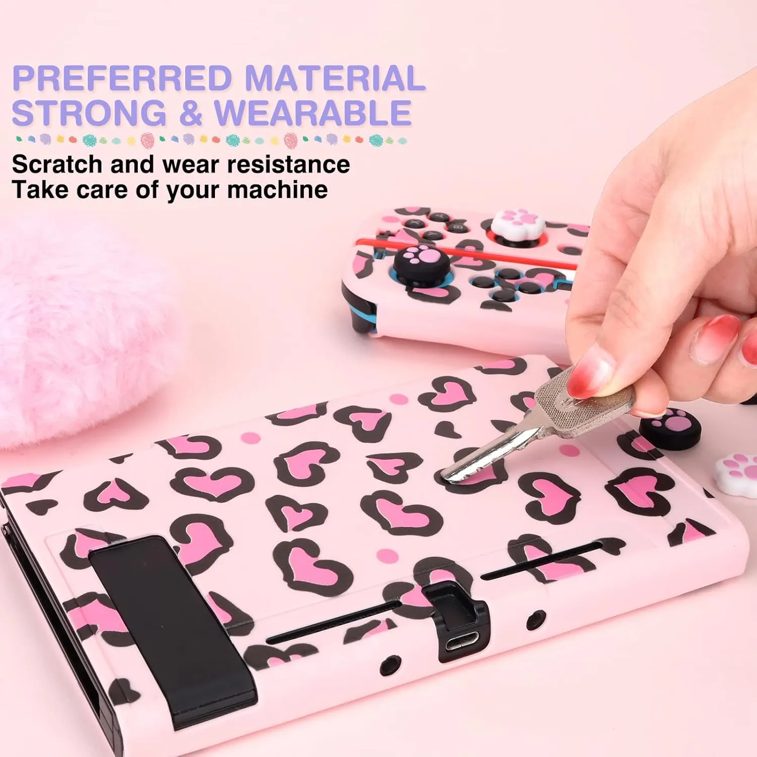 DLseego Pink Love Leopard Carrying Case for Switch - Cute Silicone Protective Case with 4PCS Thumb Grip Caps and Pink Plush Heart Pendant Accessories Kit