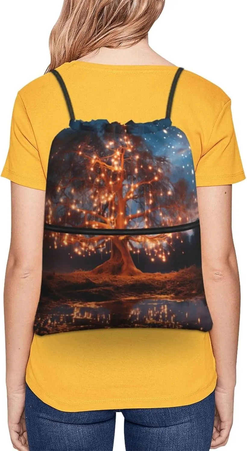 Drawstring Backpack Sports Gym Bag Hanging Lantern Tree Drawstring Bags Foldable Backpack for Women Men