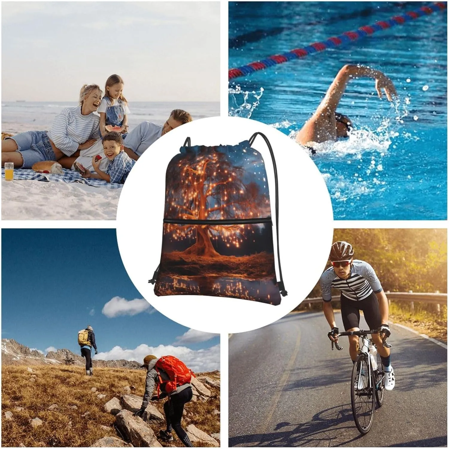 Drawstring Backpack Sports Gym Bag Hanging Lantern Tree Drawstring Bags Foldable Backpack for Women Men