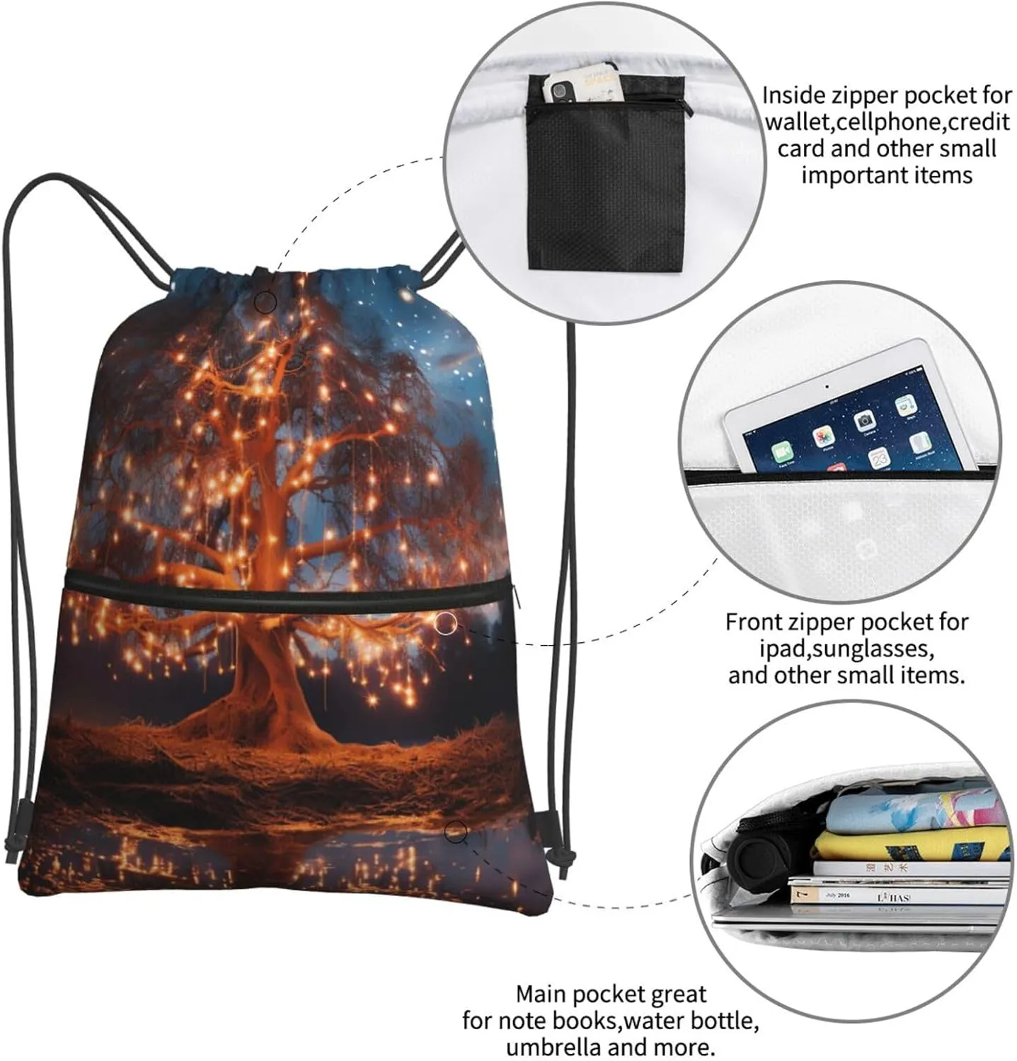 Drawstring Backpack Sports Gym Bag Hanging Lantern Tree Drawstring Bags Foldable Backpack for Women Men