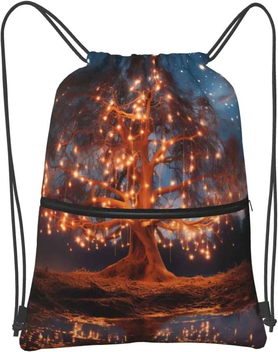 Drawstring Backpack Sports Gym Bag Hanging Lantern Tree Drawstring Bags Foldable Backpack for Women Men