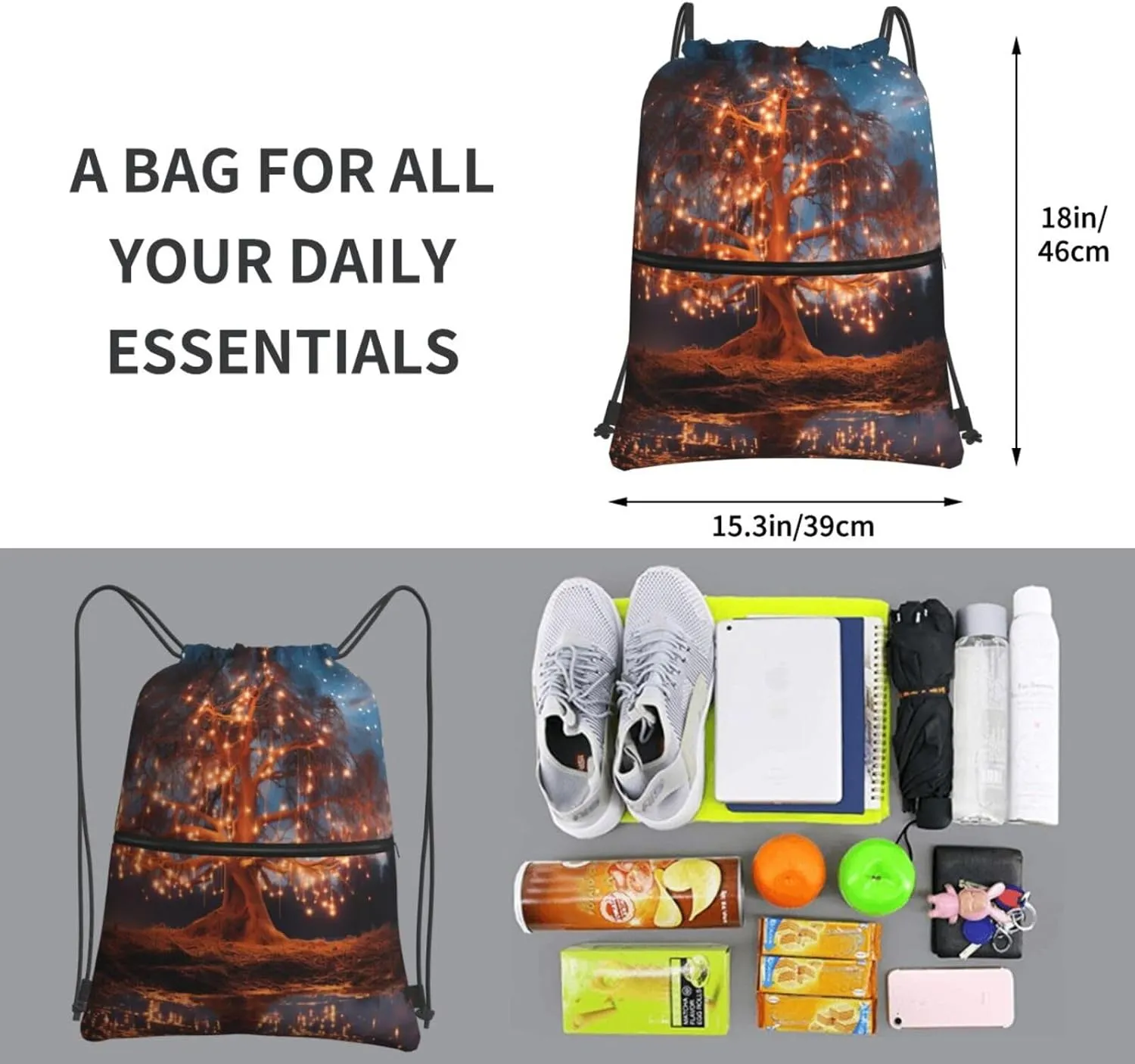 Drawstring Backpack Sports Gym Bag Hanging Lantern Tree Drawstring Bags Foldable Backpack for Women Men