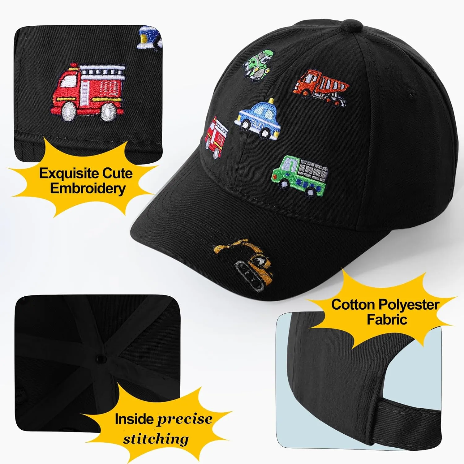 Embroidered Baseball Caps for Boys Girls Fire Truck Excavator Trucker Hat Funny Adjustable Summer Hats Age 3-8