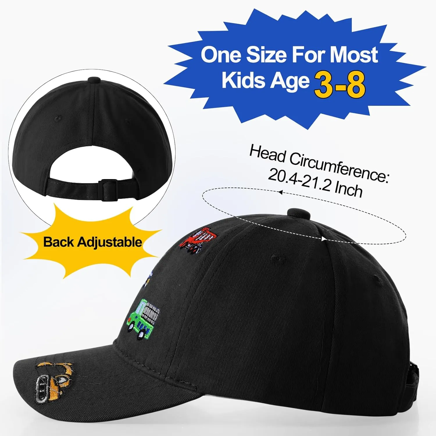 Embroidered Baseball Caps for Boys Girls Fire Truck Excavator Trucker Hat Funny Adjustable Summer Hats Age 3-8