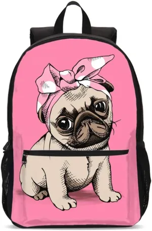 Girls Cute Pug Dog Backpacks Shoulder Bag Casual Daypack for Grade Back to School