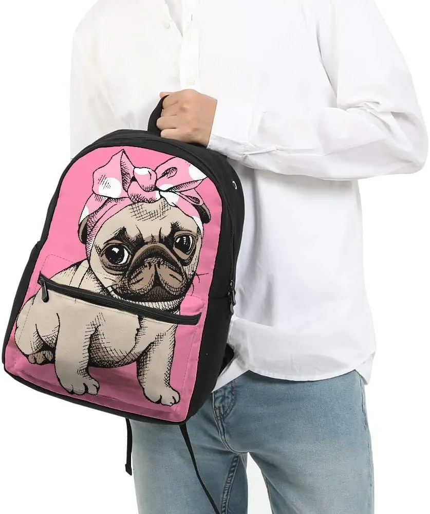 Girls Cute Pug Dog Backpacks Shoulder Bag Casual Daypack for Grade Back to School