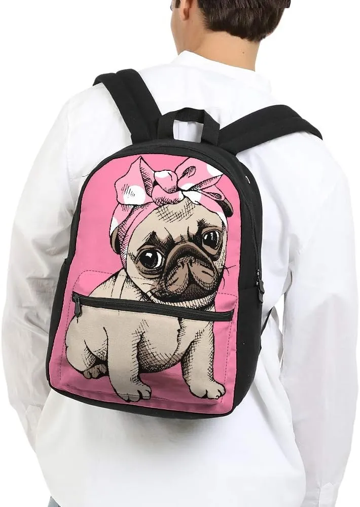 Girls Cute Pug Dog Backpacks Shoulder Bag Casual Daypack for Grade Back to School