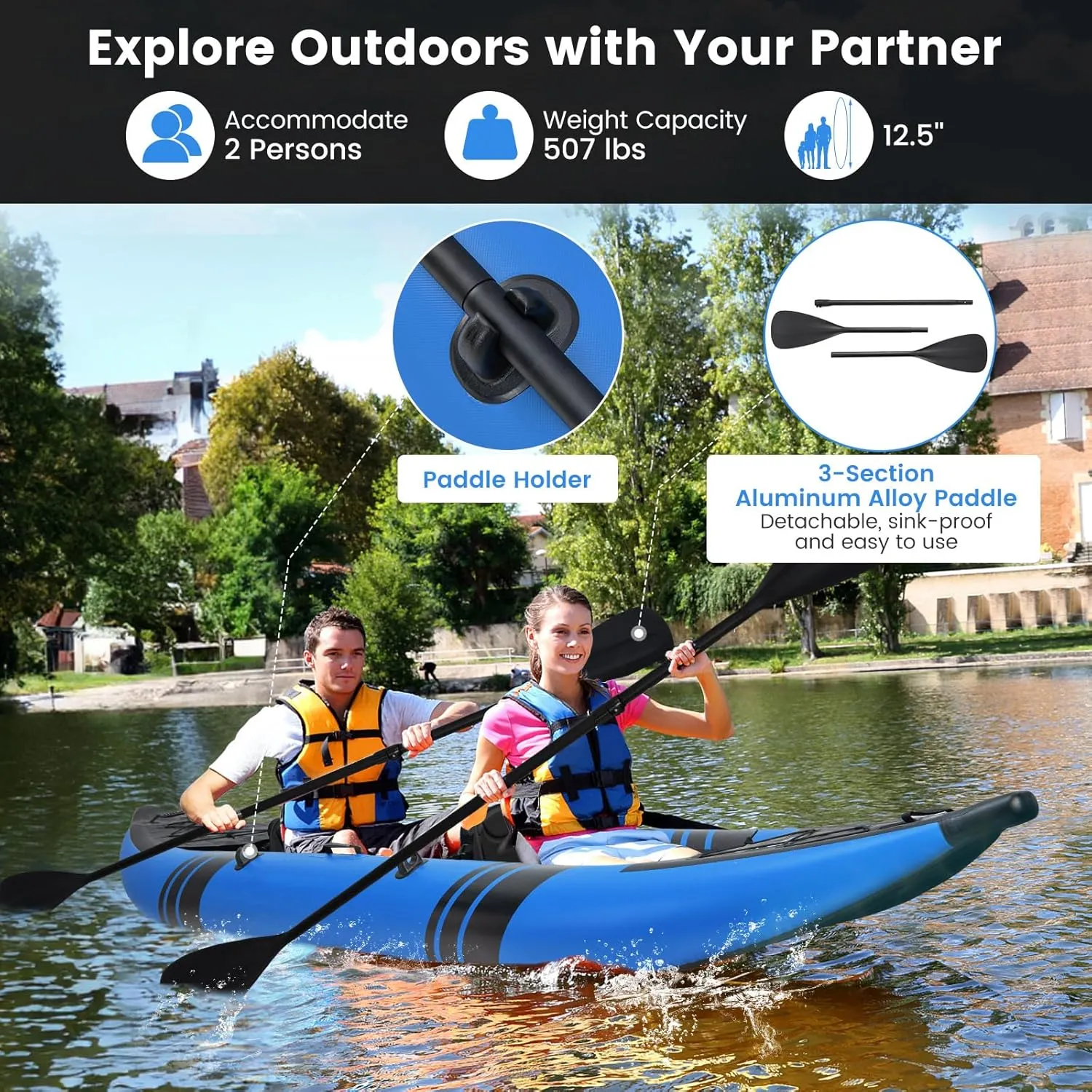 GYMAX Inflatable Kayak, 12.5Ft 507lbs Tandem Kayak with 2 Aluminum Paddles, 2 Padded Seats, Footrests, 2 Fins, Hand Pump, Carry Bag & Repair Kit, 2 Person Fishing Touring Kayak for Adults Youth