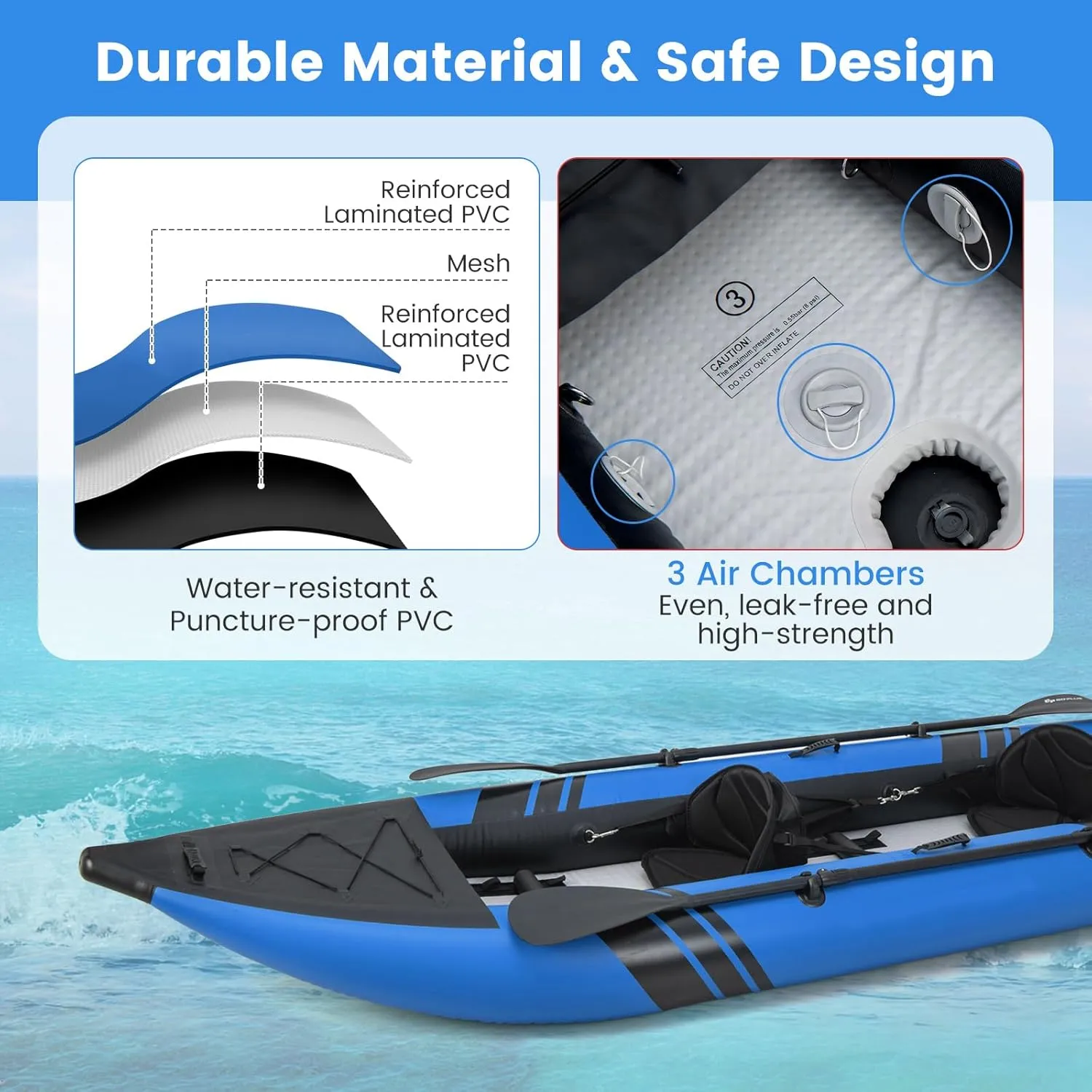 GYMAX Inflatable Kayak, 12.5Ft 507lbs Tandem Kayak with 2 Aluminum Paddles, 2 Padded Seats, Footrests, 2 Fins, Hand Pump, Carry Bag & Repair Kit, 2 Person Fishing Touring Kayak for Adults Youth