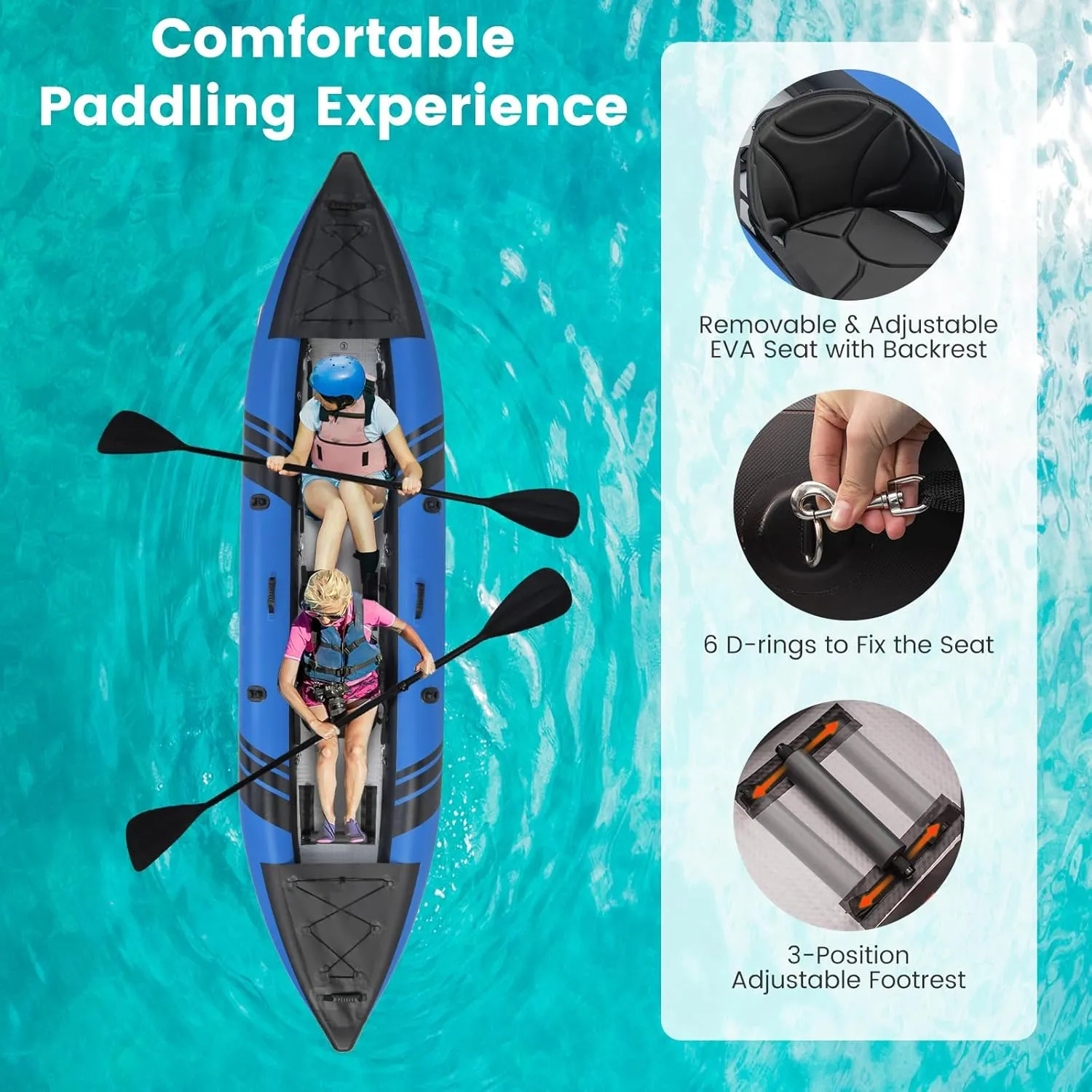 GYMAX Inflatable Kayak, 12.5Ft 507lbs Tandem Kayak with 2 Aluminum Paddles, 2 Padded Seats, Footrests, 2 Fins, Hand Pump, Carry Bag & Repair Kit, 2 Person Fishing Touring Kayak for Adults Youth