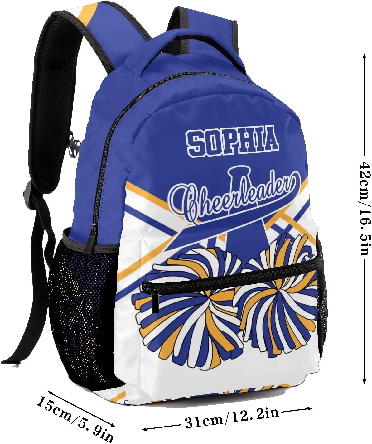 Personalized Custom Cheer Cheerleader Gold Blue Backpack Lightweight Travel Hiking Causual Bag With Name