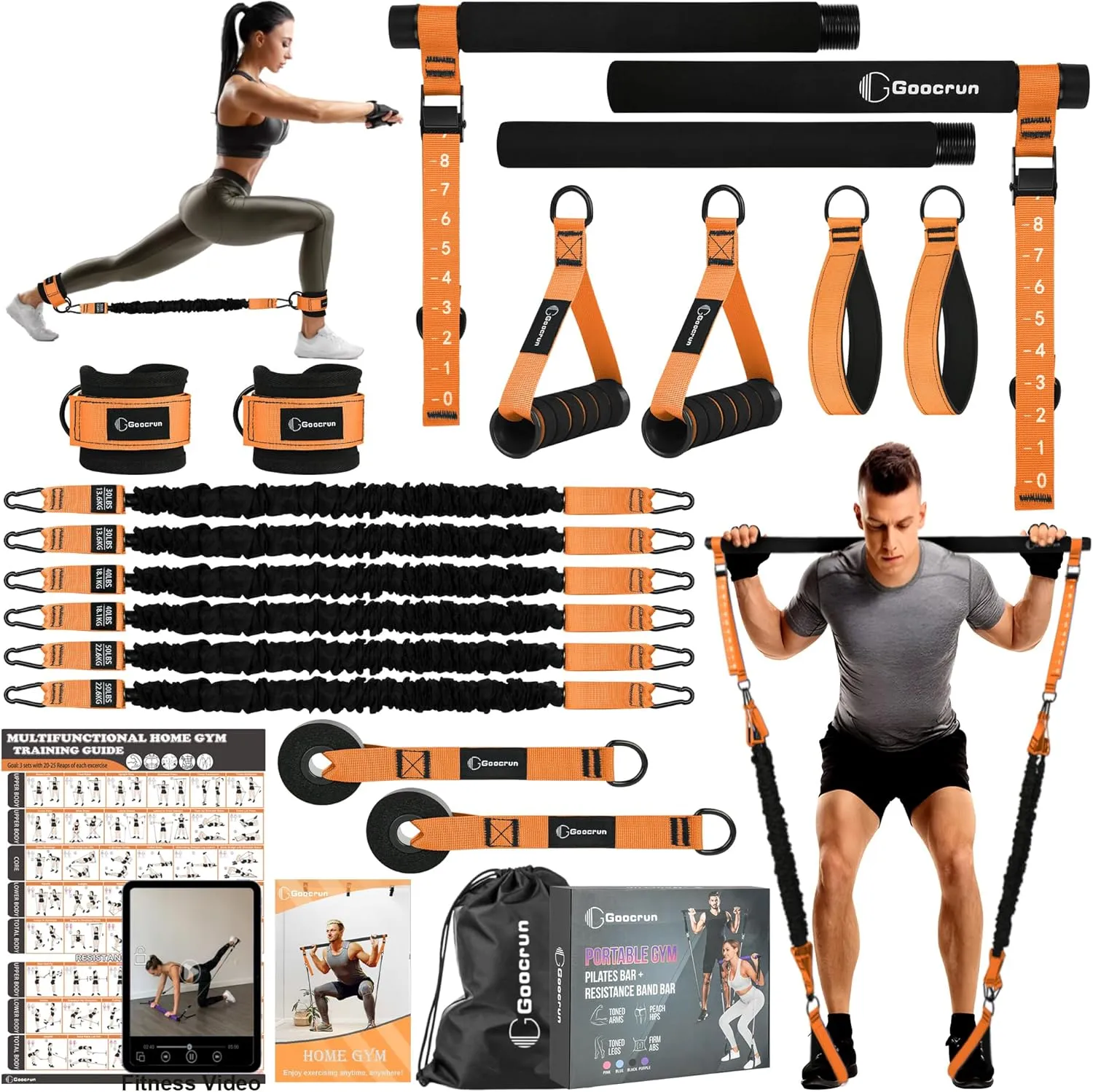 Portable Pilates Bar Kit with Resistance Bands for Men and Women - 3 Set Exercise Resistance Bands - Multifunctional Home Gym - Supports Full-Body Workouts  with Fitness Poster and Video
