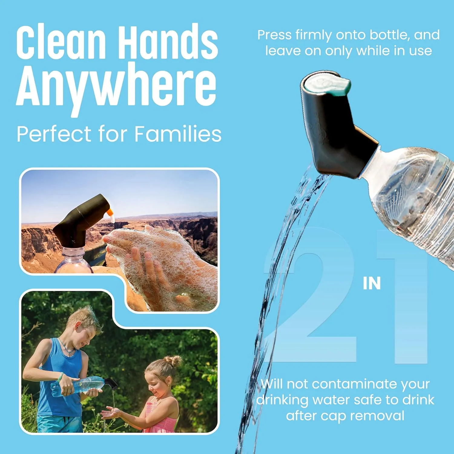 Refillable Caps, 2 Pack - Universal Fit Turns Most Disposable Water Bottles Into A Hand Washing Station