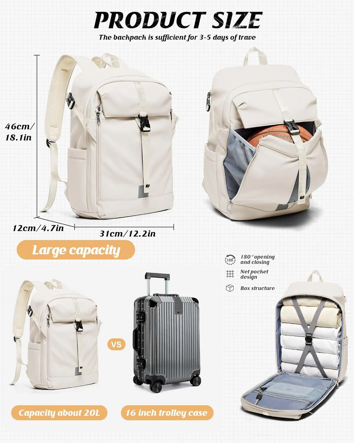 SEAFEW Motorcycle Backpack, Large Capacity Waterproof Helmet Bag for Men, Motorcycle Accessories Storage Cycling Bag - Off White
